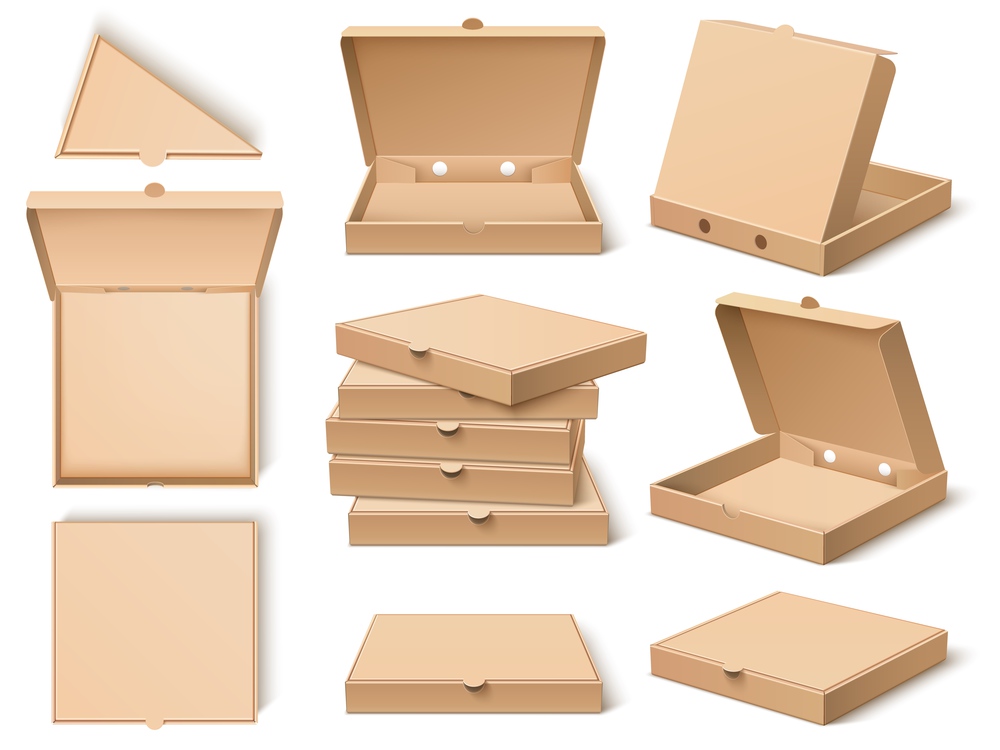 Cardboard pizza box. Realistic craft paper food packing template, open, closed, different viewing angles, single objects, stacks. Delivery craft square packaging vector set. Cardboard pizza box. Realistic craft paper food packing template, open, closed, different viewing angles, single objects, stacks vector set