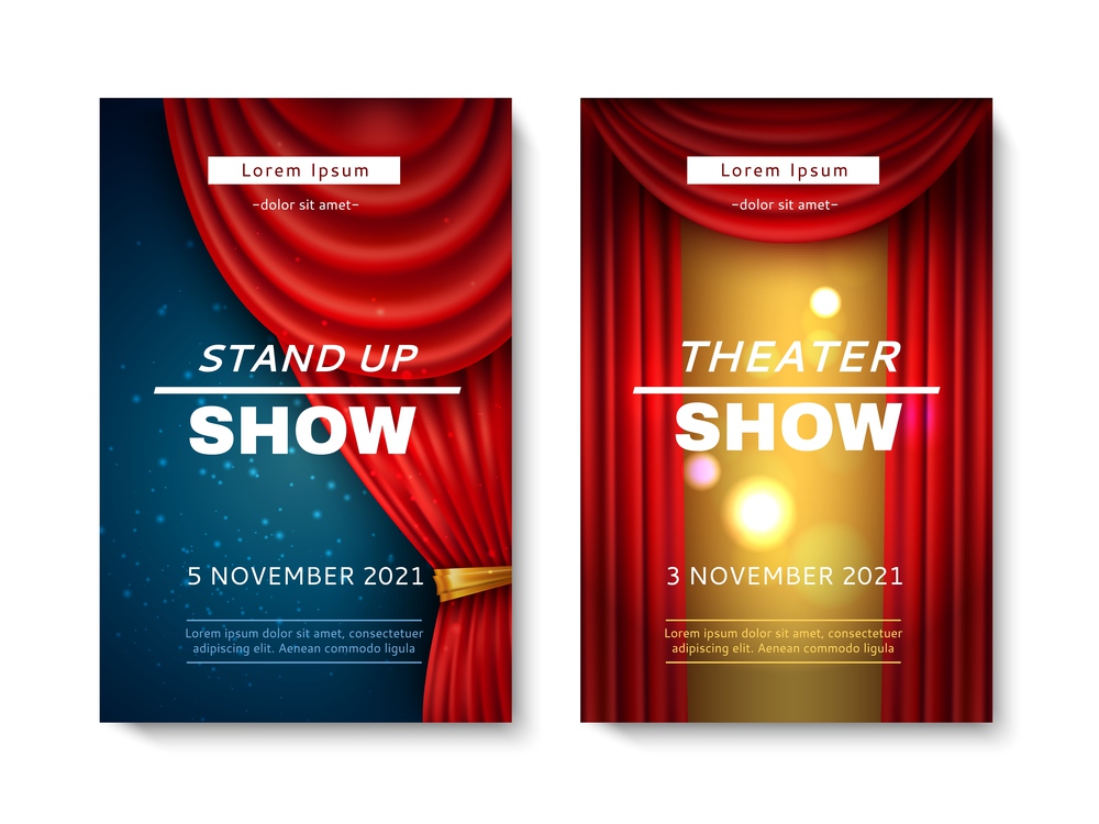 Stage curtain cards. Comedy and theatre show playbills with realistic red veils frames, art performance elegant design light and dark vector set of posters. Stage red curtain show. Comedy and theatre cards playbills with realistic veils frames, vector set of art performance elegant design posters