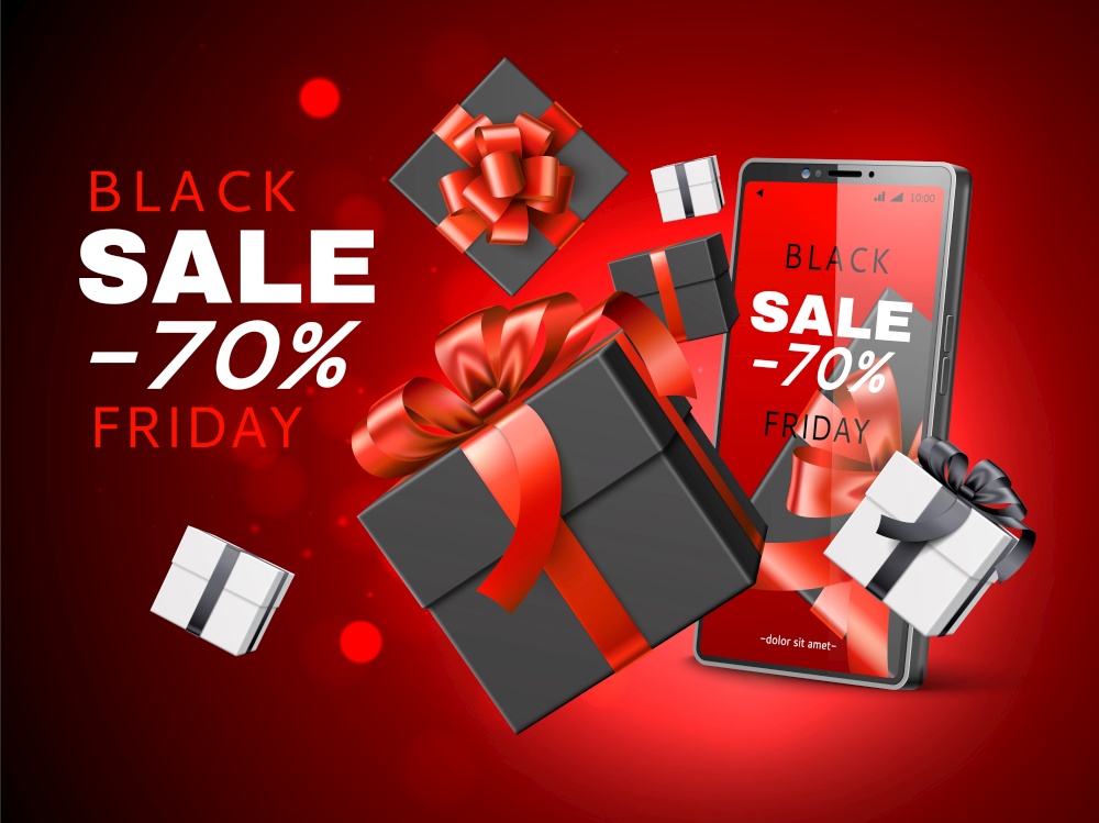 Realistic sale poster with gifts. Promotional banner with 3d gift boxes flying out of cellphone, online sales, shopping app. Vector concept for black friday with falling christmas decor boxes. Realistic sale poster with gifts. Promotional banner with 3d gift boxes flying out of cellphone, online sales, shopping app vector concept