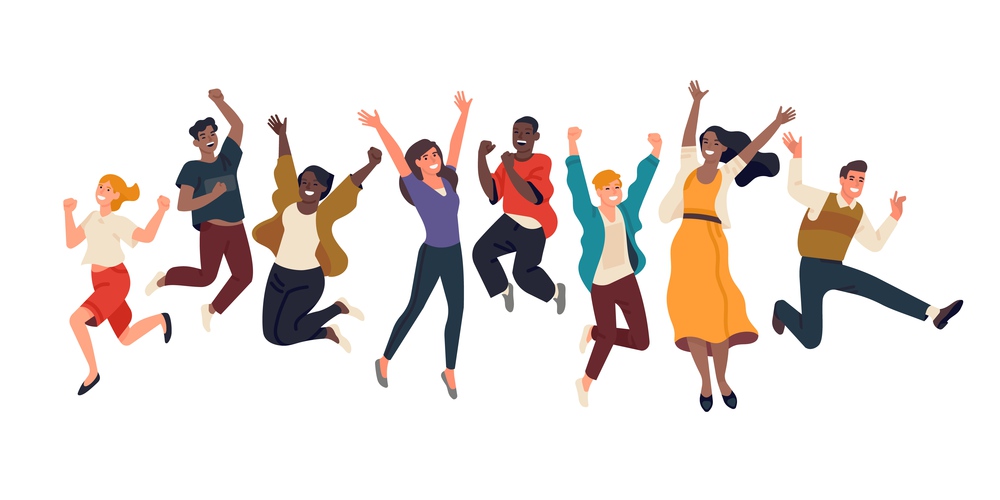 Happy jumping people. Joyful young men and women, energetic multinational persons group, cheerful friends, funny active excited team or friendship company vector set. Happy jumping people. Joyful young men and women, energetic multinational persons group, cheerful friends, funny active team. Vector set