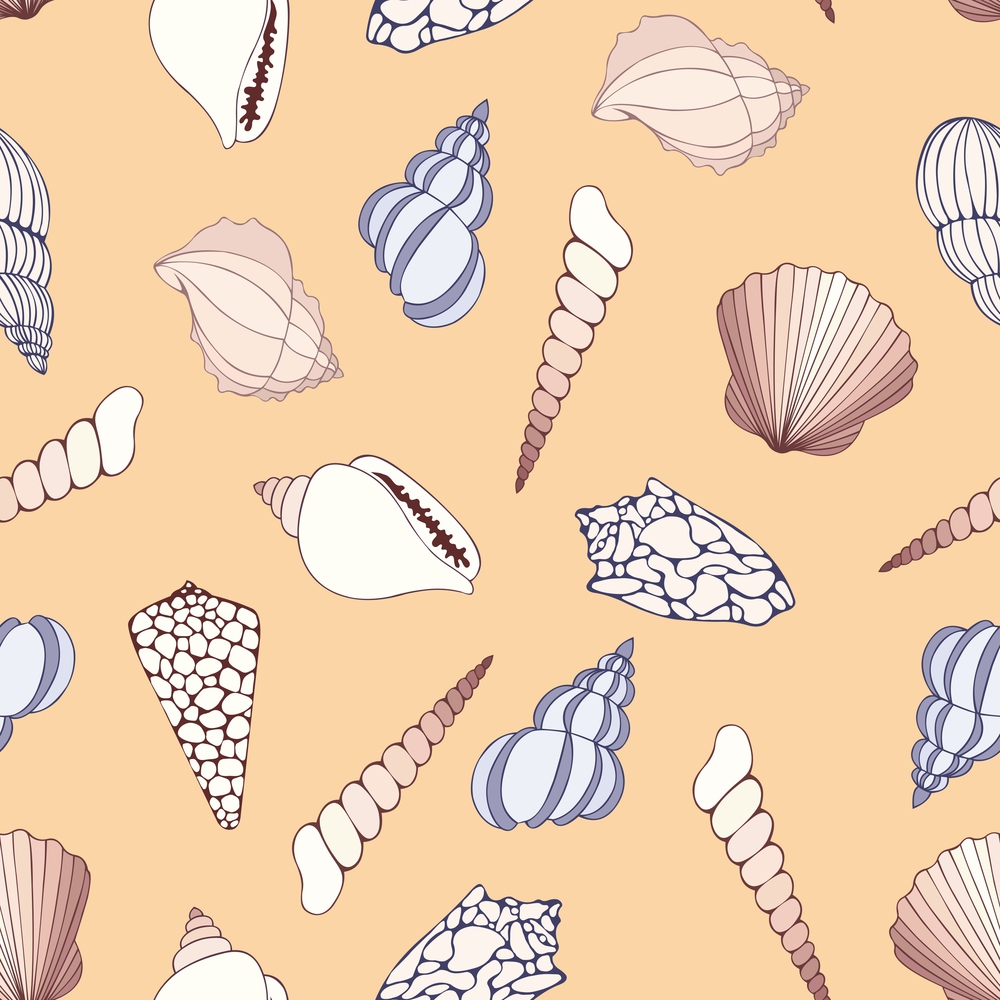 Seashells. Seamless vector pattern on a yellow background. Seashells. Seamless vector pattern for design