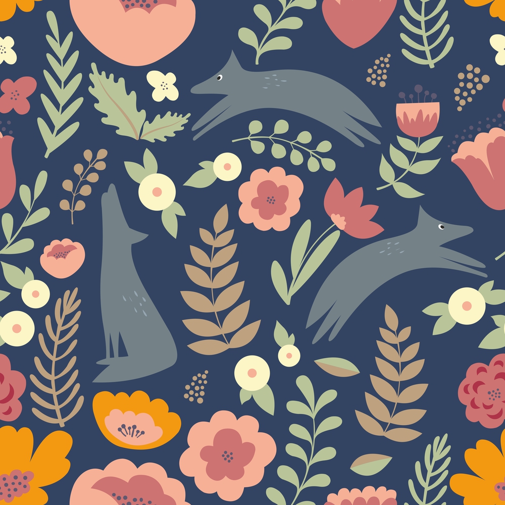 Wolves and colorful stylized flowers. Seamless vector pattern for design of textile, greeting card, packing paper or web design. Wolves and colorful stylized flowers. Seamless pattern