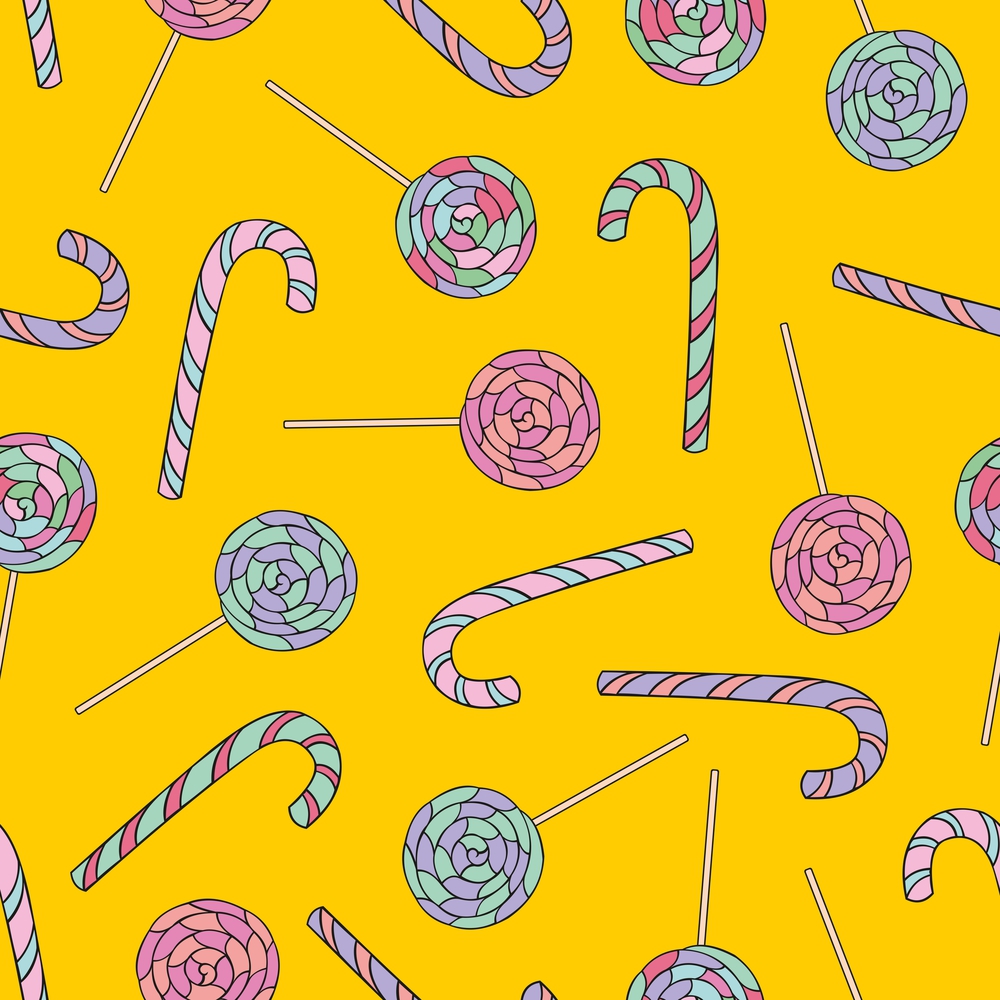 Stylized lollipops on yellow background. Colorful pattern for the design of textiles, kitchen tools, web design, packaging and wrapping paper, surface design. Stylized lollipops on yellow background.