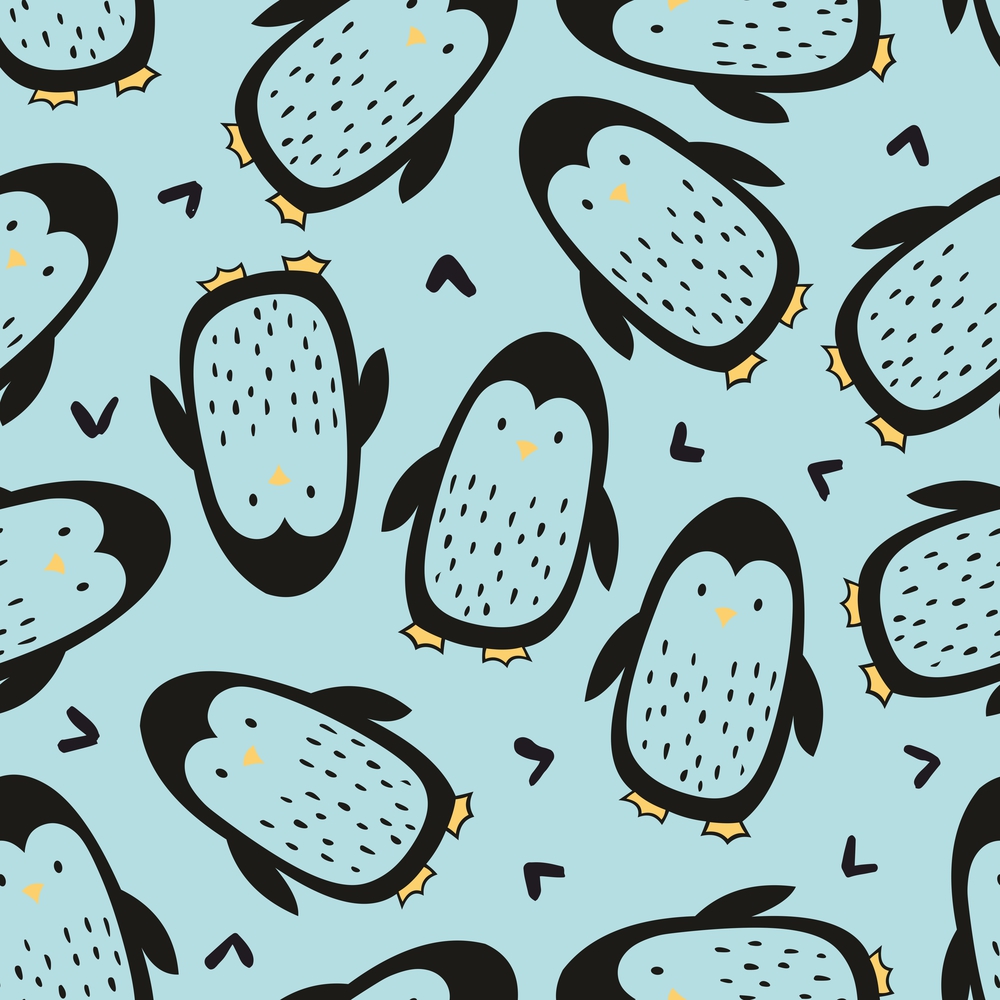 Penguins. Cute seamless pattern with penguins. Vector decorative background for design of fabric, home textile, children&rsquo;s clothing, children&rsquo;s room design, packaging design and packaging paper. Penguins. Cute seamless pattern with penguins. Vector decorative background for design