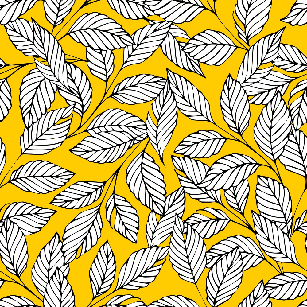 Vector seamless pattern with stylized branches on a yellow background. Decorative background for design and decoration of textiles, wallpaper, packaging and wrapping paper. Vector seamless pattern with stylized branches on a yellow background. Decorative background for design