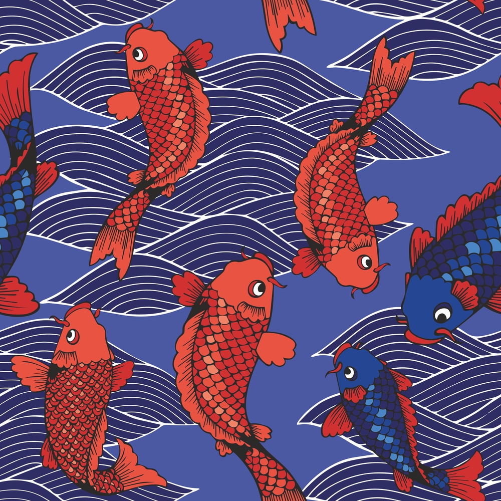 Vector seamless pattern with koi carps and waves on a blue background. Hand drawing. Decorative background for design and decoration of textiles, wallpapers, covers, packaging and much more. Vector seamless pattern with koi carps and waves on a blue background. Hand drawing