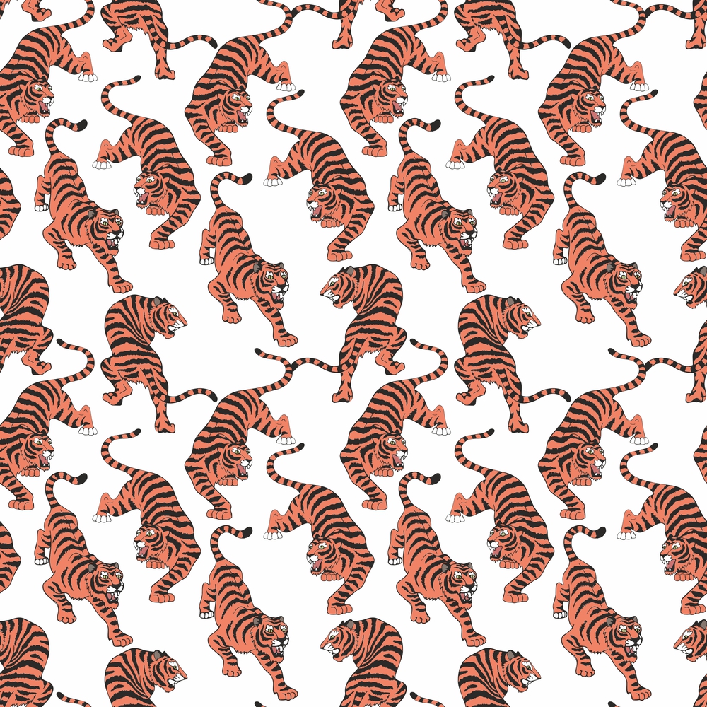 Vector seamless pattern with tigers. Hand drawing. Decorative background for design and decoration of fabric, home textiles, wallpapers, packages, covers and much more. Vector seamless pattern with tigers. Hand drawing. Decorative background for design and decoration