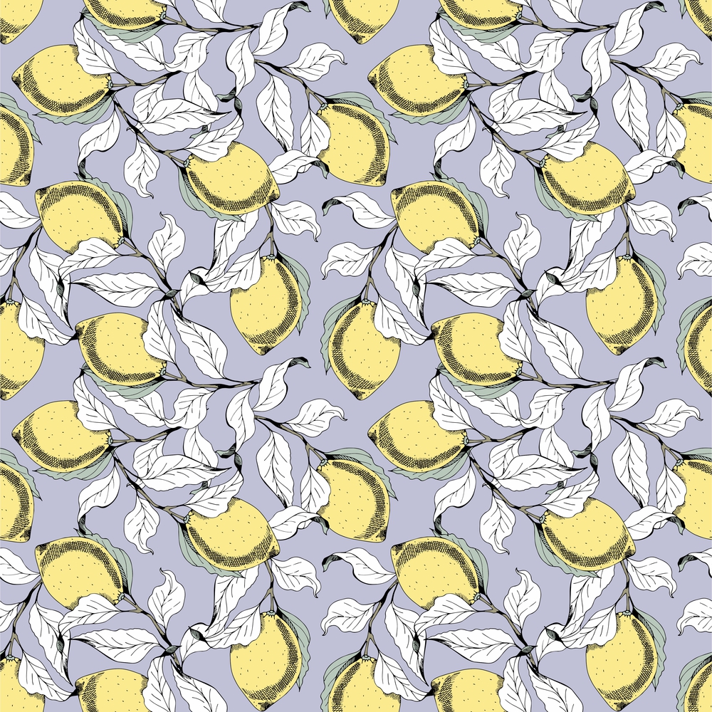 Vector seamless pattern with branches and lemons. Hand drawing. Decorative background for design and decoration of fabric, home textiles, clothing, wallpaper, curtains, tiles, covers and other. Vector seamless pattern with branches and lemons. Hand drawing