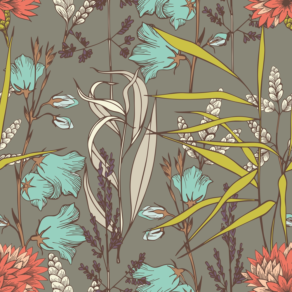 Wildflowers. Hand drawing. Vector seamless pattern for the design of fabric, home textile, clothing and accessories, wallpaper, packaging and wrapping paper, covers and other surfaces. Wildflowers. Hand drawing. Vector seamless pattern for the design