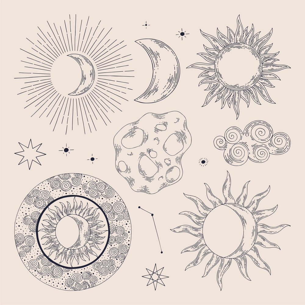 Celestial illustrations. Vector set. Hand drawing. Illustration for design of cards, covers, wallpaper, packaging, home textiles. For printing and surface design. Celestial illustrations. Vector set. Hand drawing. Illustration for design