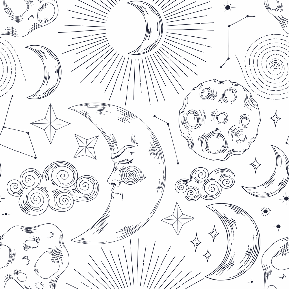 Celestial pattern. Vector seamless background. Hand drawing. Pattern for design of fabrics, wallpaper, packaging, home textiles. For printing and surface design. Celestial pattern. Vector seamless background. For printing and surface design
