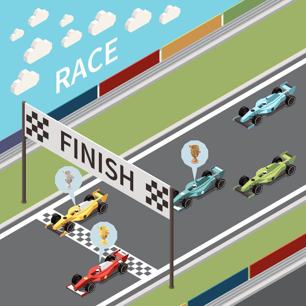 Car race isometric composition with view of asphalt track and cars crossing finish line with text vector illustration. Race Finish Line Composition
