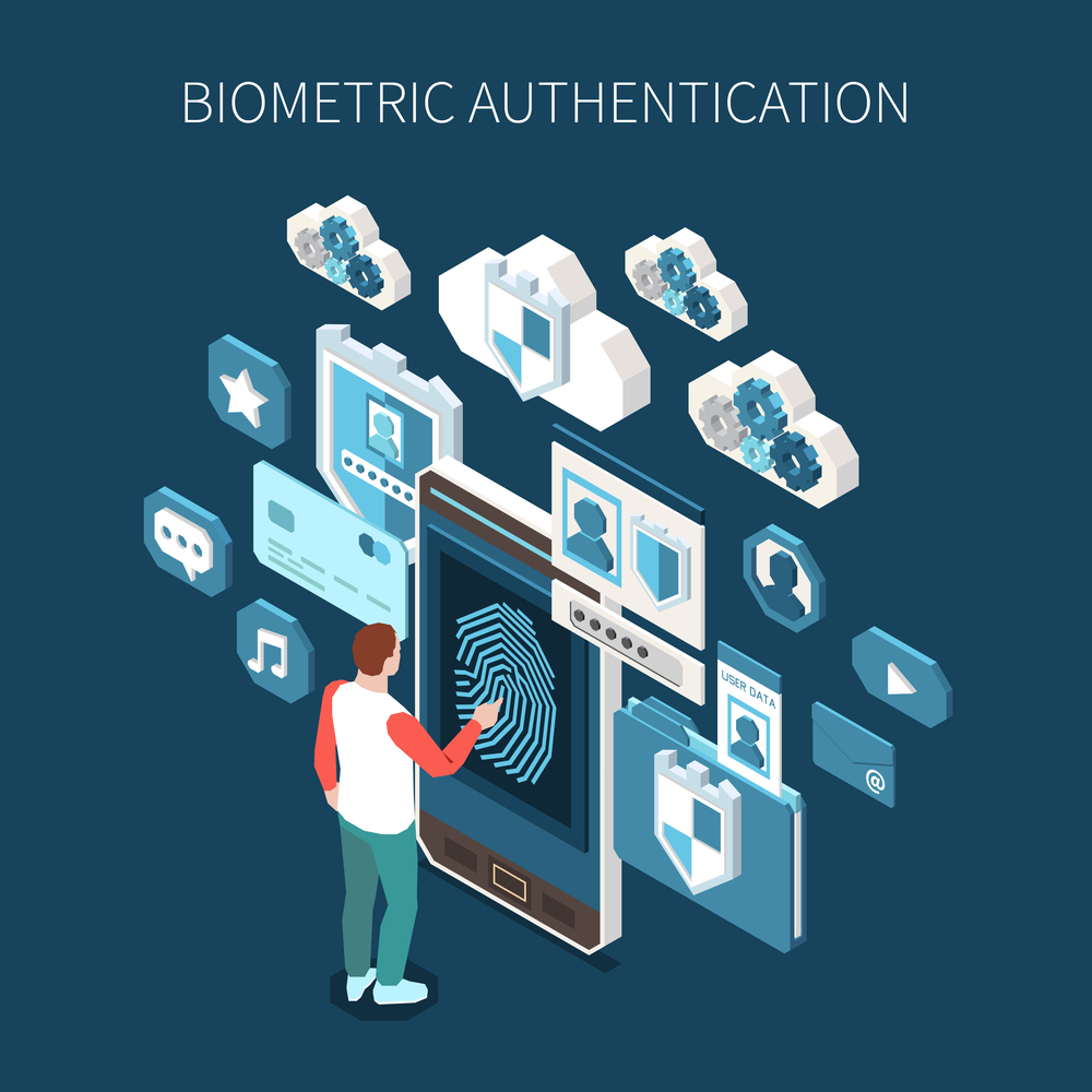 Biometric authentication isometric composition with human character touching smartphone with fingerprint surrounded by profile app icons vector illustration. Biometrics Authentication Methods Composition