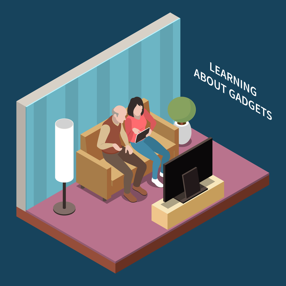 Elderly people professional social help service isometric composition with view of living room with human characters vector illustration. Elderly Learning Gadgets Composition