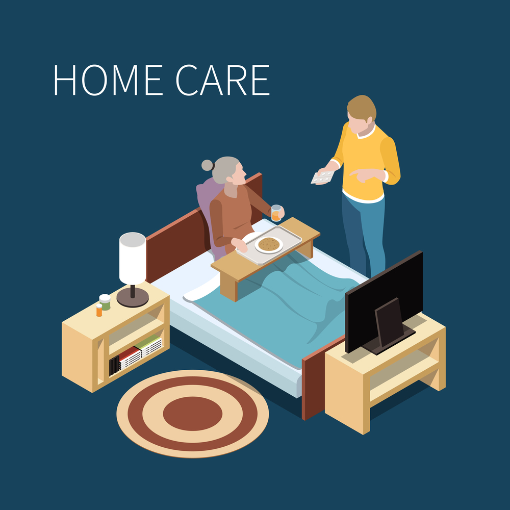 Elderly people professional social help service isometric composition with bedroom furniture tv set and human characters vector illustration. Elderly Home Care Composition