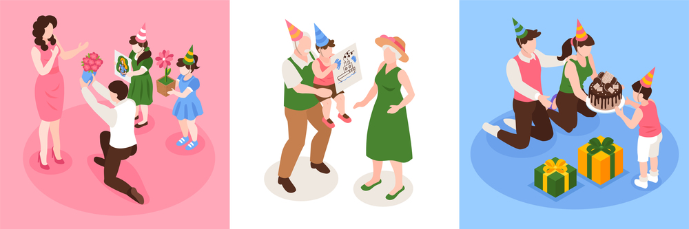 Birthday congratulation concept design with children and grandparents isometric isolated vector illustration. Birthday Congratulation Concept Design