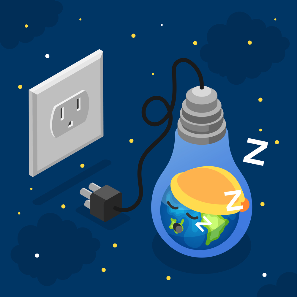 Earth hour concept with earth sleeping in light bulb plugged out of socket on background with night sky isometric vector illustration. Earth Hour Concept
