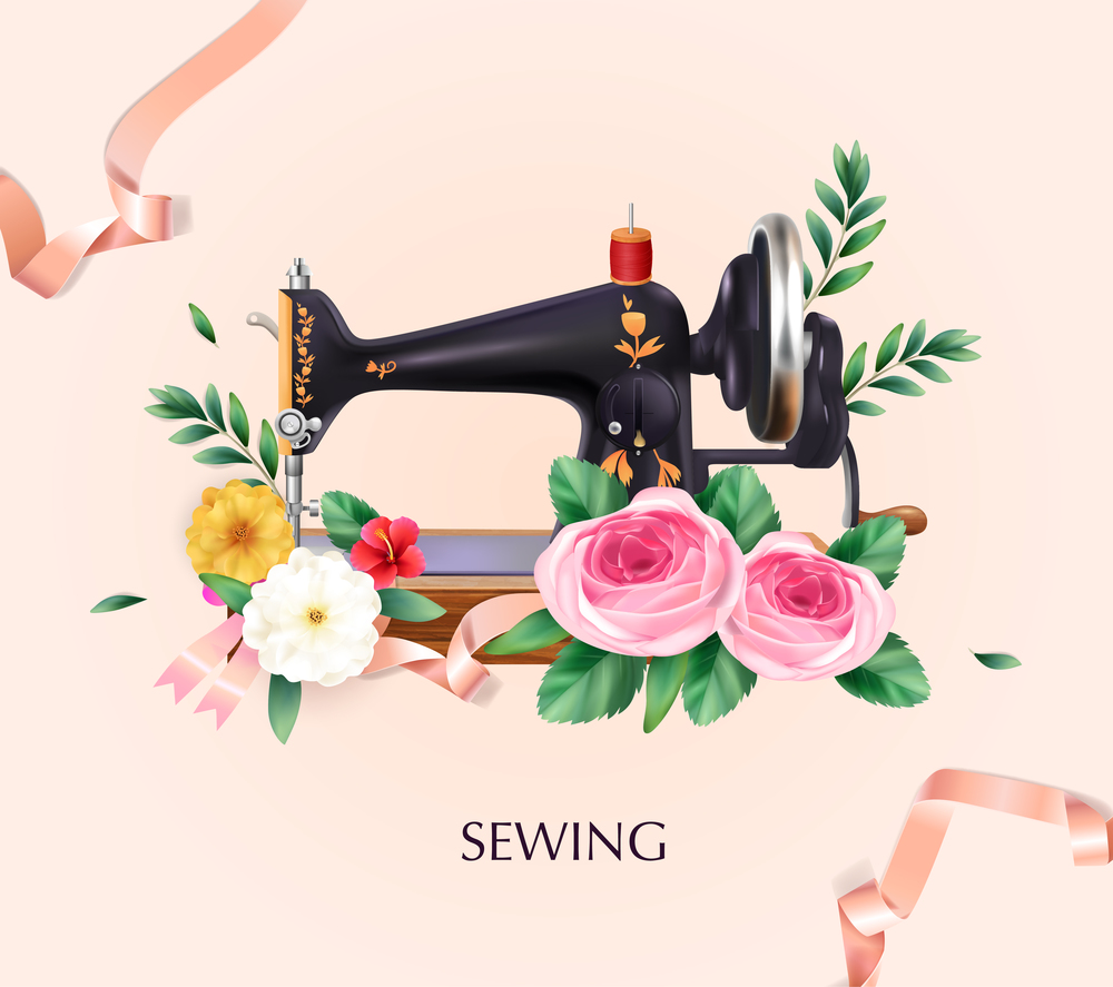 Sewing machine and tailoring background with flowers thread and ribbon realistic vector illustration. Sewing Machine And Tailoring Background