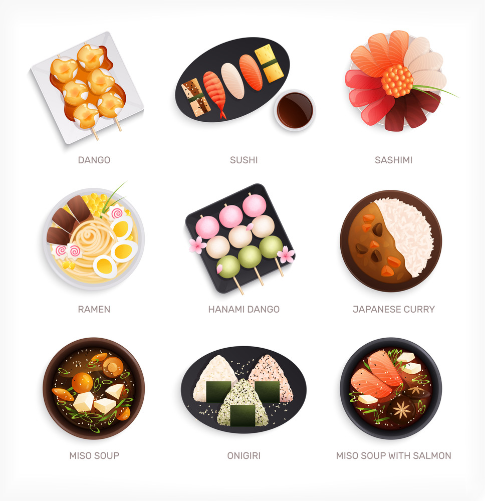 Traditional japanese food cuisine flat set with nine isolated images of various dishes with text captions vector illustration. Japanese Dishes Flat Set