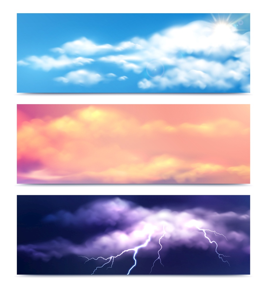 Set of three horizontal clouds banners with realistic nature views of clear dusty and stormy sky vector illustration. Realistic Clouds Banners Set