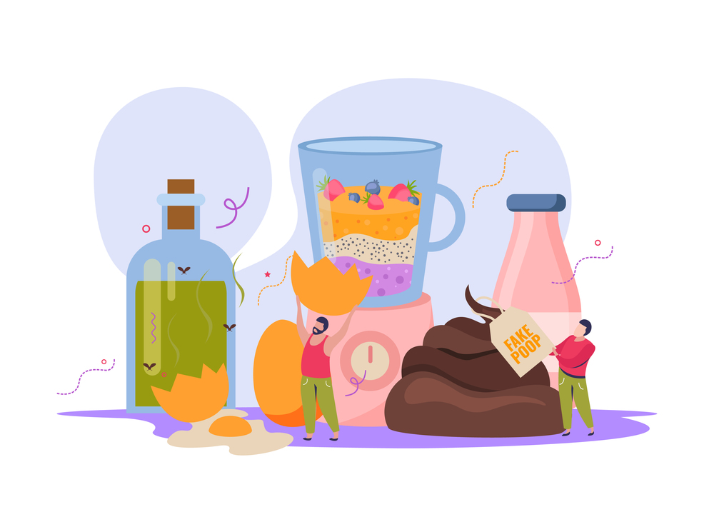All fools day flat composition with pranking human characters holding fake drinks and food with poop vector illustration. Fools Day Food Composition