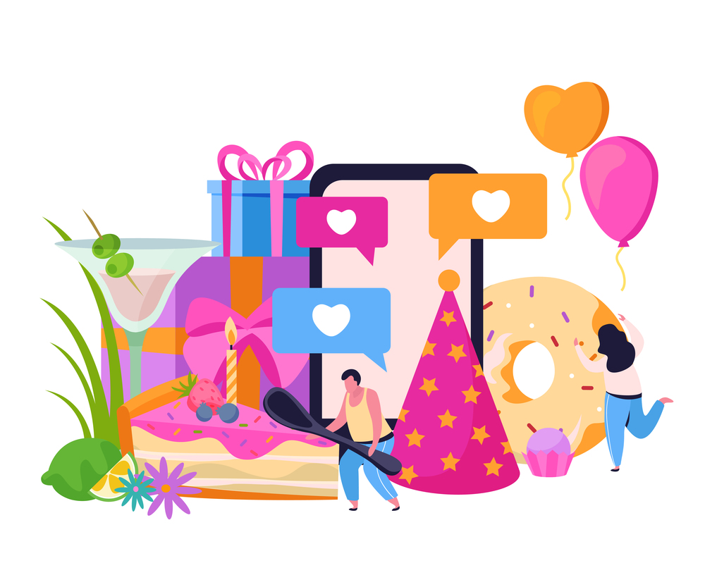 Birthday flat composition with images of festive hat and donut with gift boxes and human characters vector illustration. Birthday Likes Flat Background