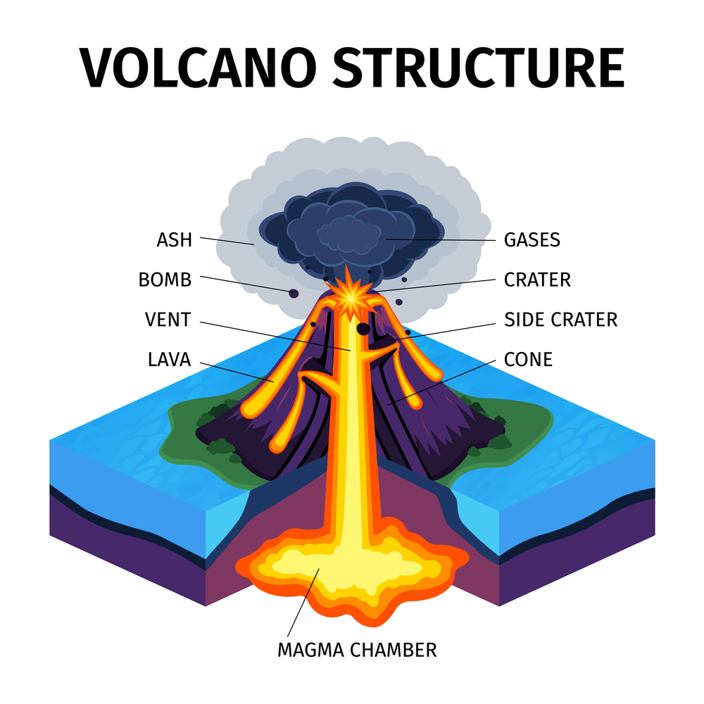 Cross section of volcano isometric diagram with indicating of magma chamber gases cone vent crater lava bomb ash vector illustration. Volcano Structure Diagram