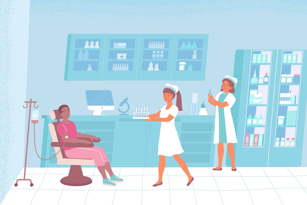 Nurse laboratory composition with a patient sits in a chair and a nurse assists the doctor with medications vector illustration. Nurse Laboratory Composition
