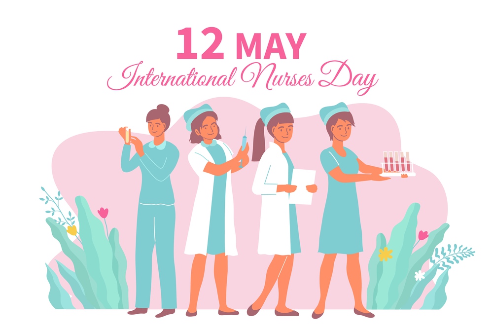 Flat international nurses day card with women in medical attire at work vector illustration. International Nurses Day Card