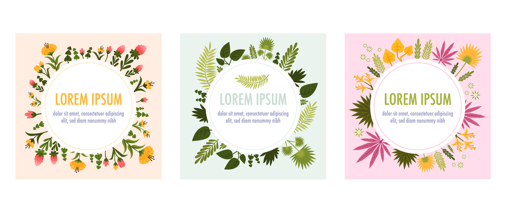 Round frame plants flat icon set with different leaves flowers and colors and space for text in the center of the circle vector illustration. Frame Plants Flat Icon Set