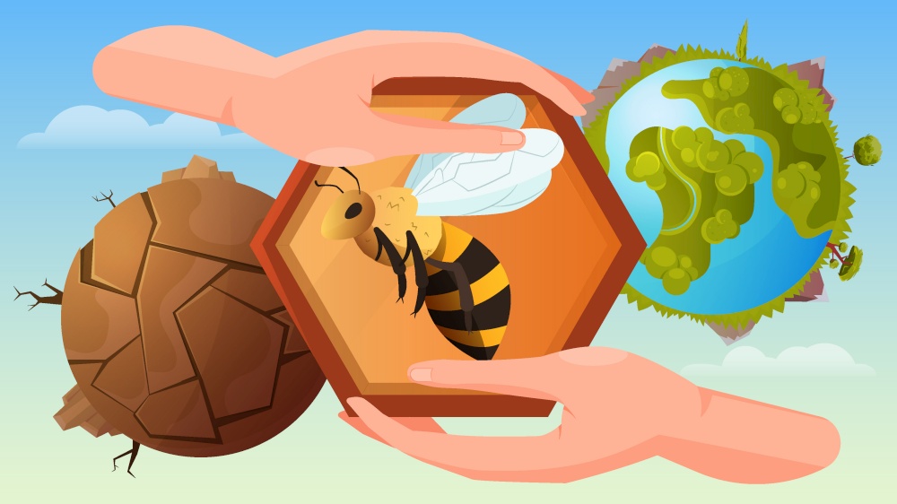 Bee protection flat poster with human hands holding honeycomb at blooming and dead planet background vector illustration. Bee Protection Flat Background