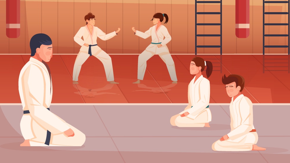Martial arts flat background with trainer and kids doing exercises in gym vector illustration. Martial Arts For Kids Flat Background