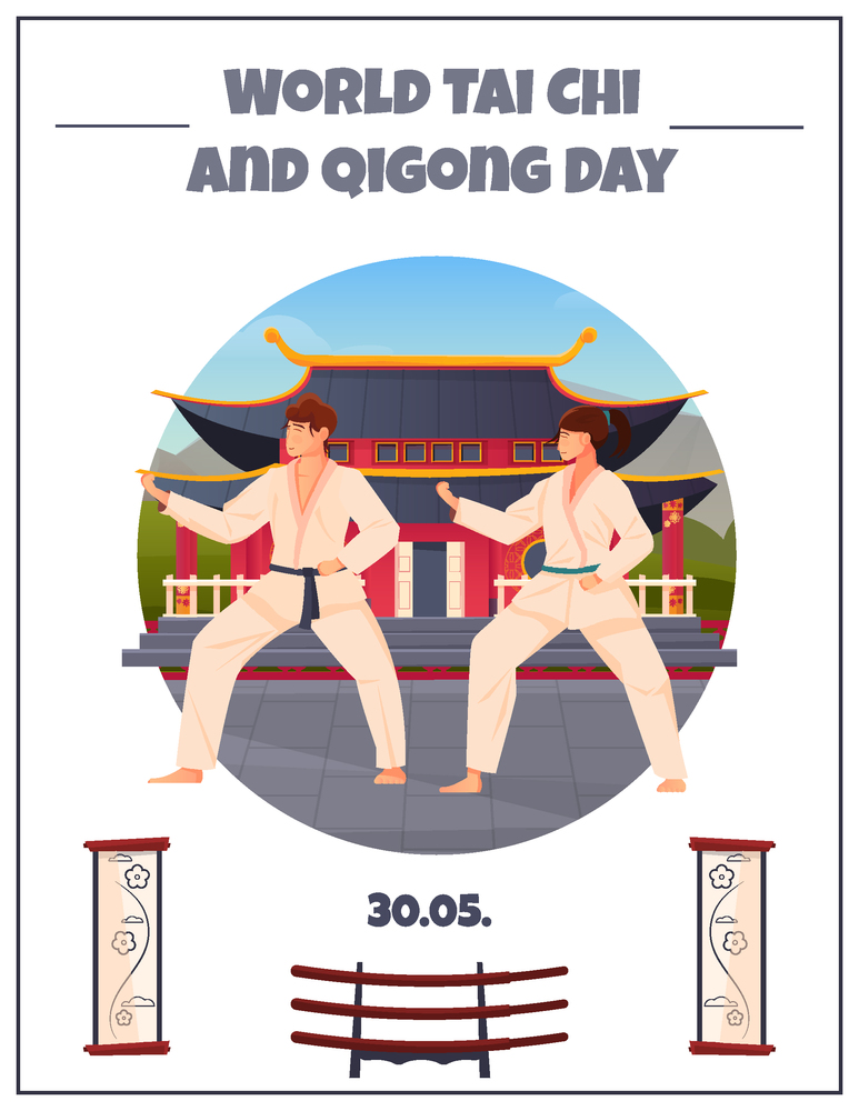 World tai chi and qigong day flat card with two oriental athletes in kimono at chinese pagoda background vector illustration. Tai Chi Flat Card