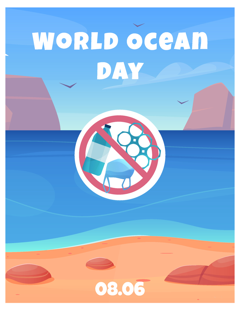 World ocean day card with clean water and beach date and no pollution warning sign flat vector illustration. World Ocean Day Card