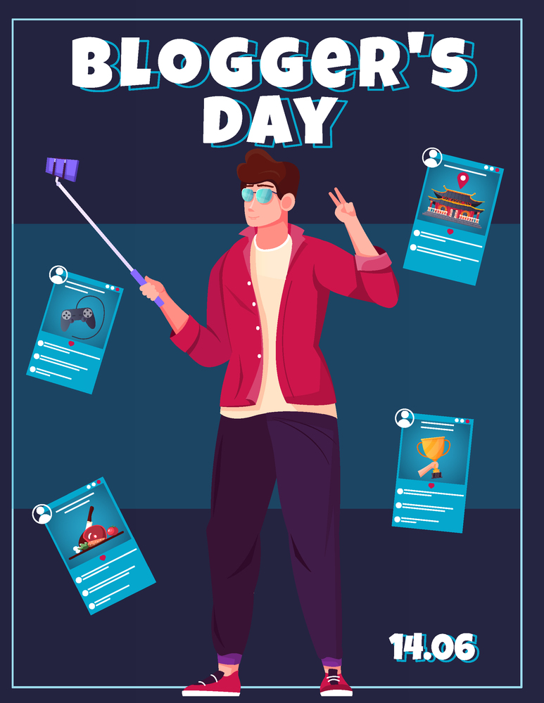 Bloggers day flat card with young guy leading online report using smartphone and selfie stick vector illustration. Bloggers Day Card