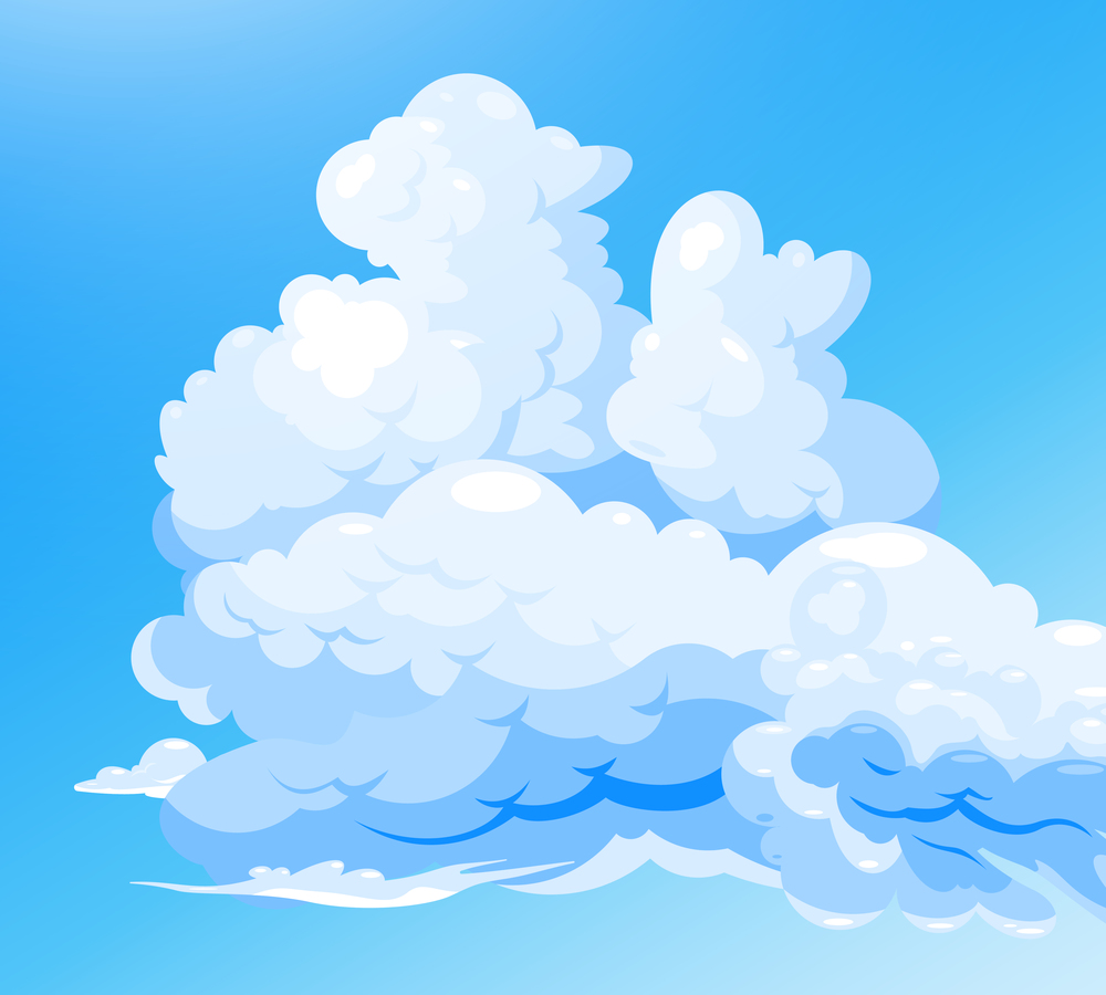 Cloudy sky blue background with cartoon group of white cumulus clouds flat vector illustration. Cloudy Sky Blue Background