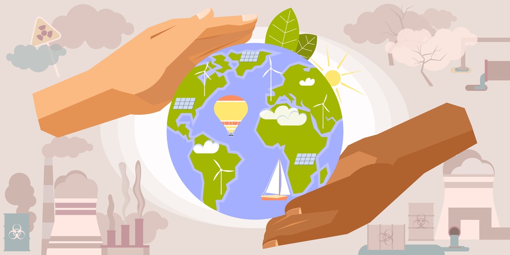 Environmental protection hand composition with two human hands of color holding earth globe with alternative energy vector illustration. Earth In Hands Composition