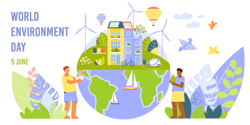 World environment day horizontal banner card with images of alternate energy sources with people and text vector illustration. Environment Day Horizontal Banner