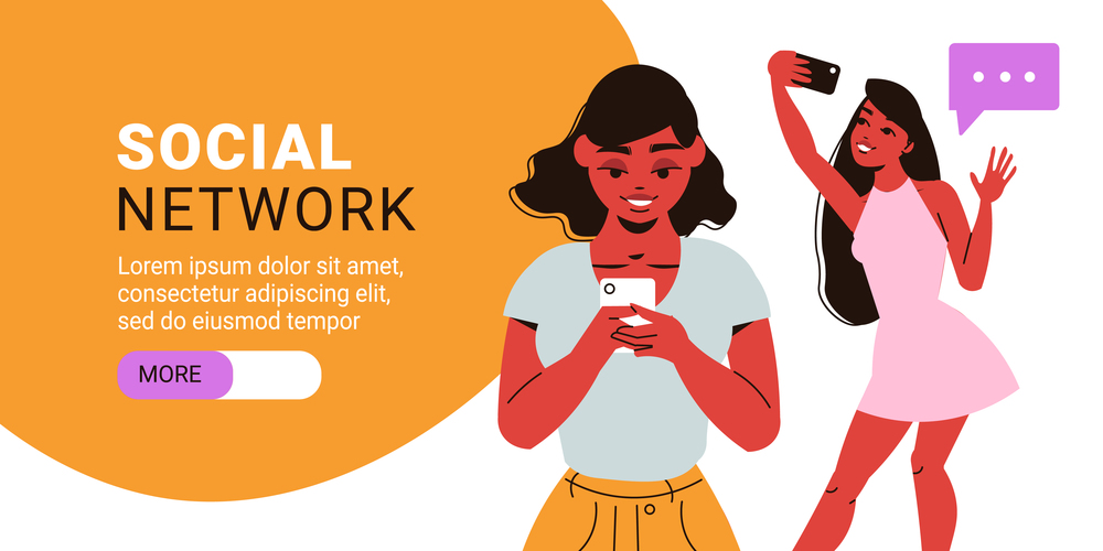 Social network horizontal banner with female characters holding smartphones with editable text and slider more button vector illustration. Social Network Horizontal Banner