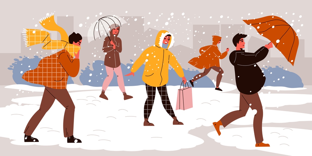 People walking with umbrella composition with outdoor scenery and falling snow people walking in warm clothes vector illustration. Umbrellas Under Snow Composition