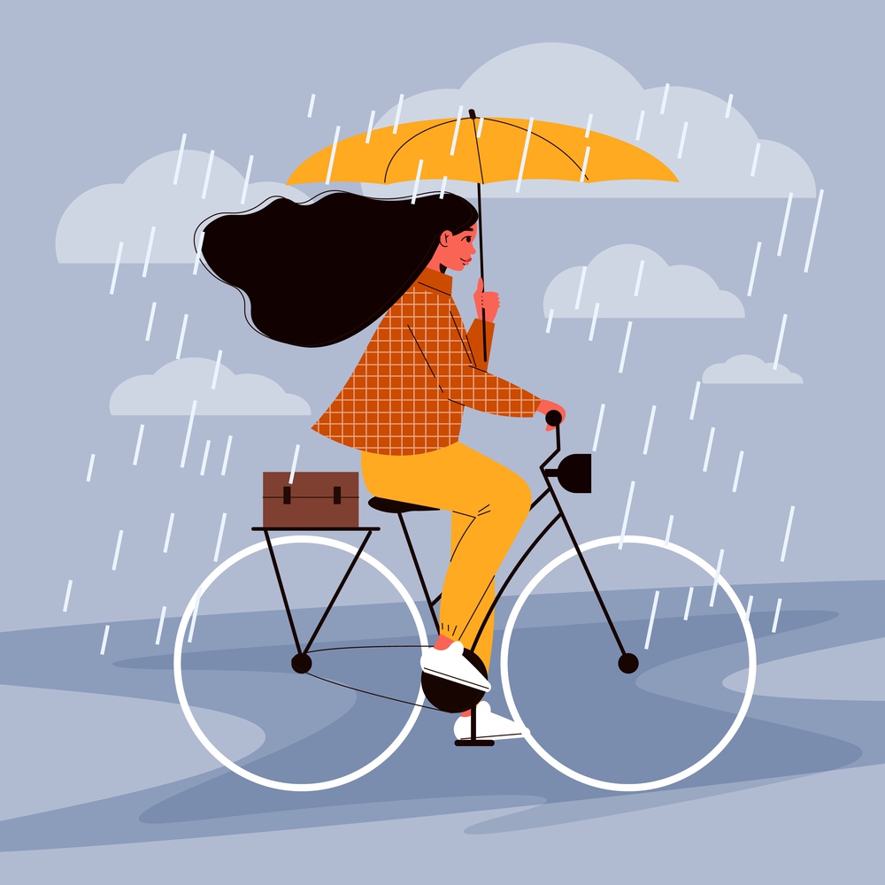 People with umbrella composition with female character of bicycle rider moving under rain showers holding umbrella vector illustration. Bicycle Ride Rain Composition