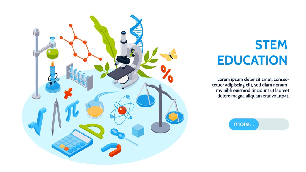 Isometric school education horizontal banner with editable text more button and composition of science related icons vector illustration. Stem Education Horizontal Banner