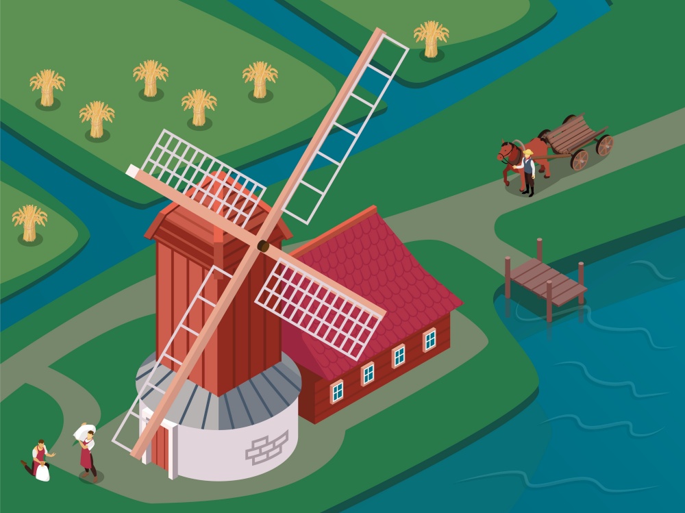 Old fashioned windmill with sails spinning atop of wooden tower surrounded by canals isometric composition vector illustration. Windmills Isometric Composition