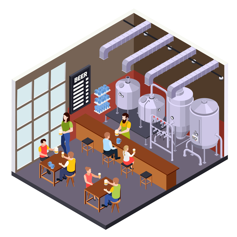 Brewery beer production isometric composition with brew pub scenery with visitor characters bar counter and jars vector illustration. Beer Brewery Pub Composition