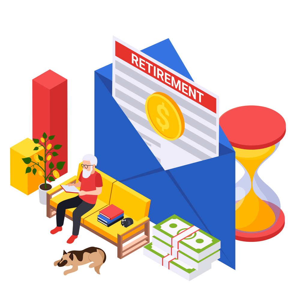 Retirement preparation plan isometric composition with old man sitting on sofa with envelope contract and coin vector illustration. Retirement Severance Package Composition