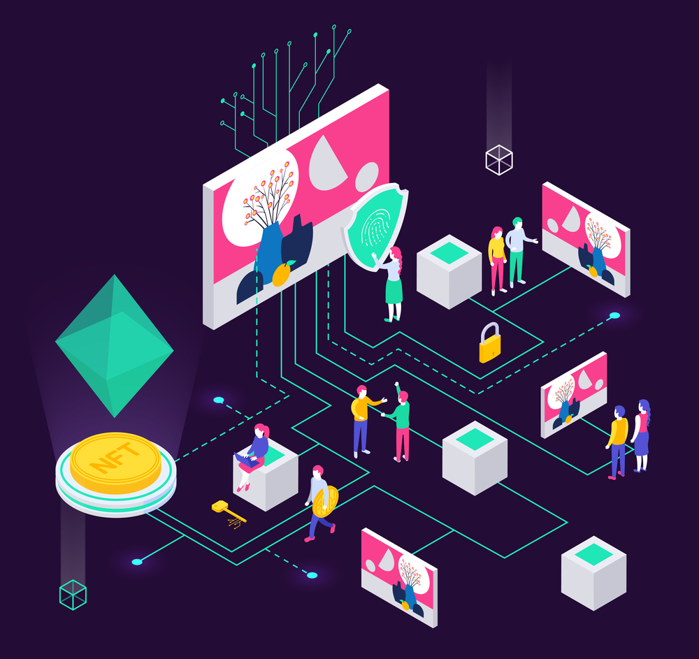 Cryptographic art crypto art nft isometric composition with human characters and holographic objects connected with lines vector illustration. NFT Token Flowchart Composition