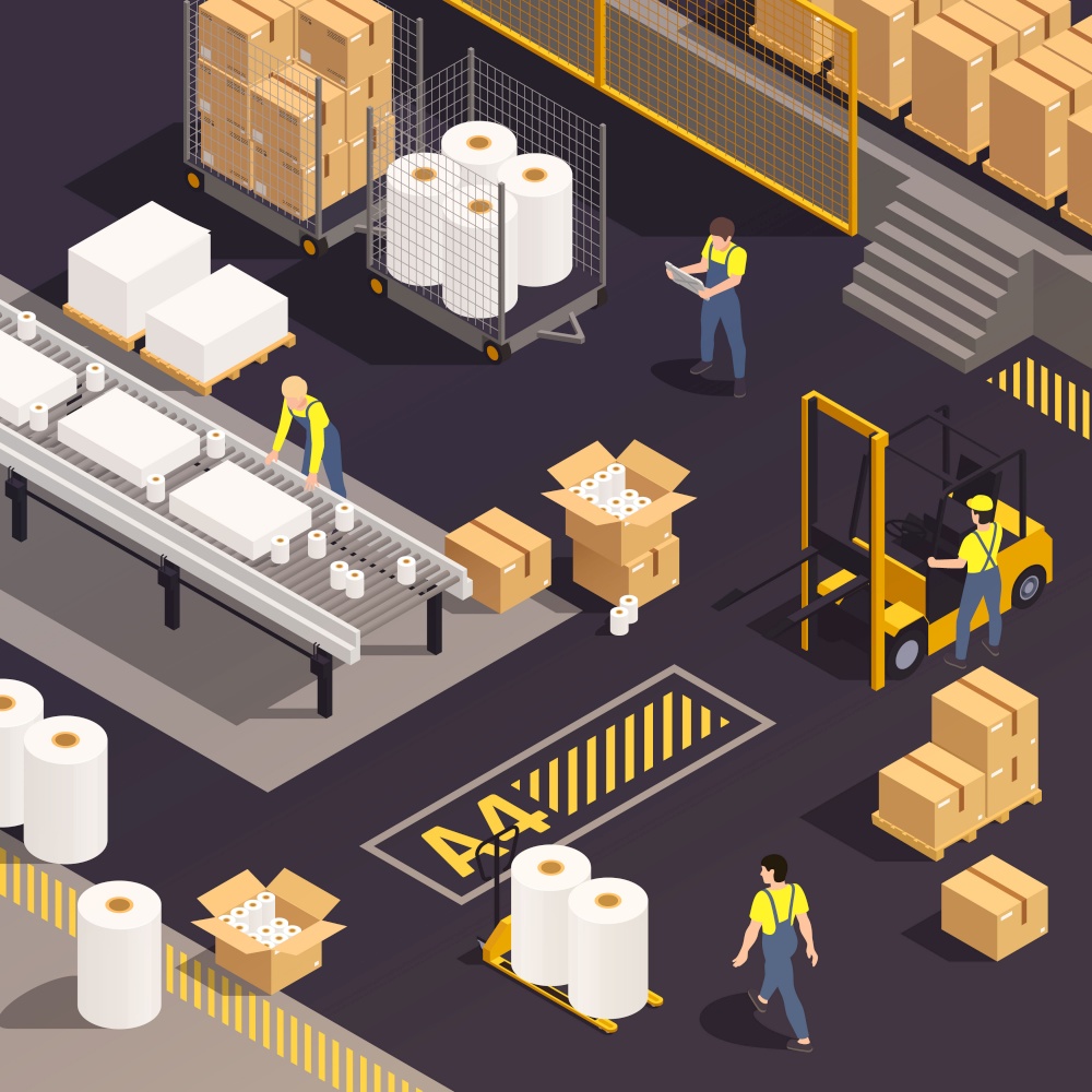 Isometric paper production composition people in production work in a paper-making shop vector illustration. Isometric Paper Production Composition