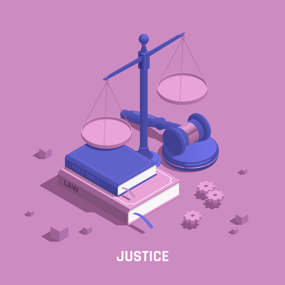 Law justice isometric colored composition abstract scales with books and attributes of a lawyer and a judge vector illustration. Law Justice Isometric Colored Composition