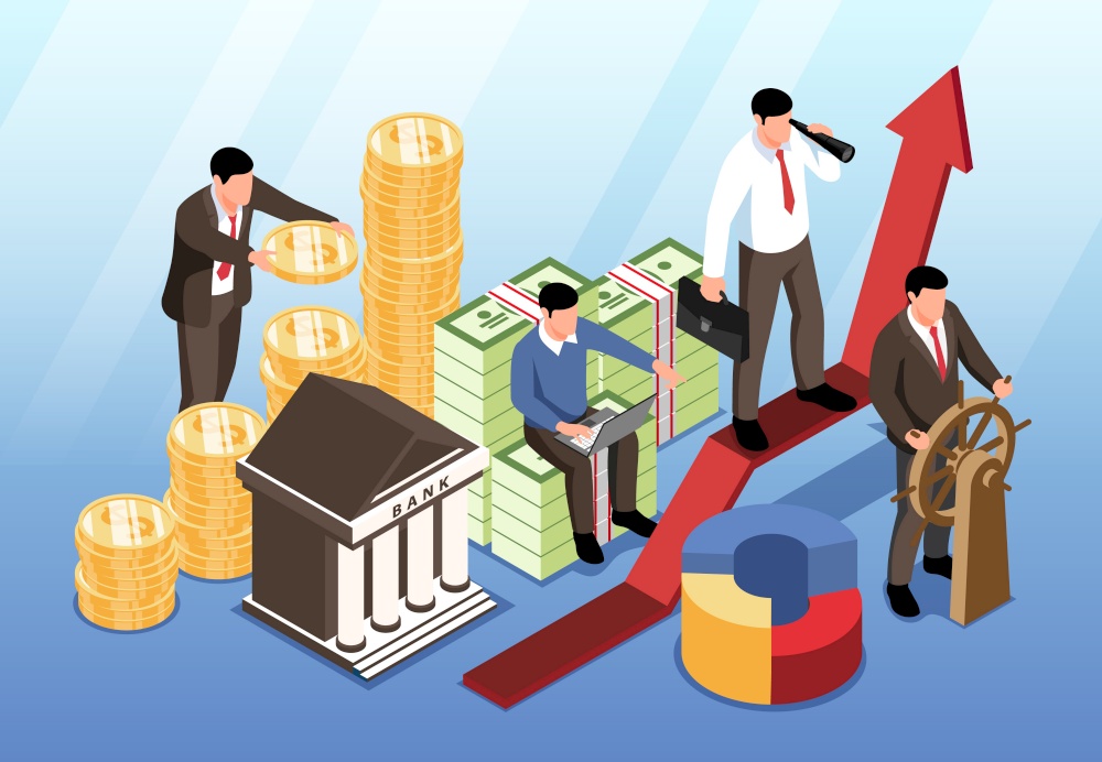 Investment horizontal background with bank building and partner team near indicator of growth and development of overall business isometric vector illustration. Investment Horizontal Illustration