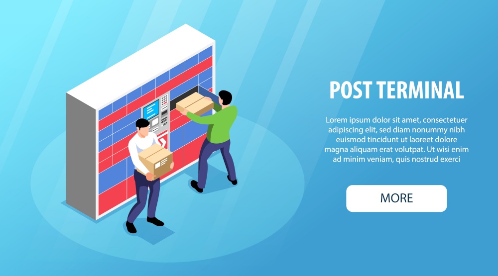 Post terminal with self service display horizontal banner with customers receiving parcel from automated locker isometric vector illustration. Post Terminal Horizontal Banner